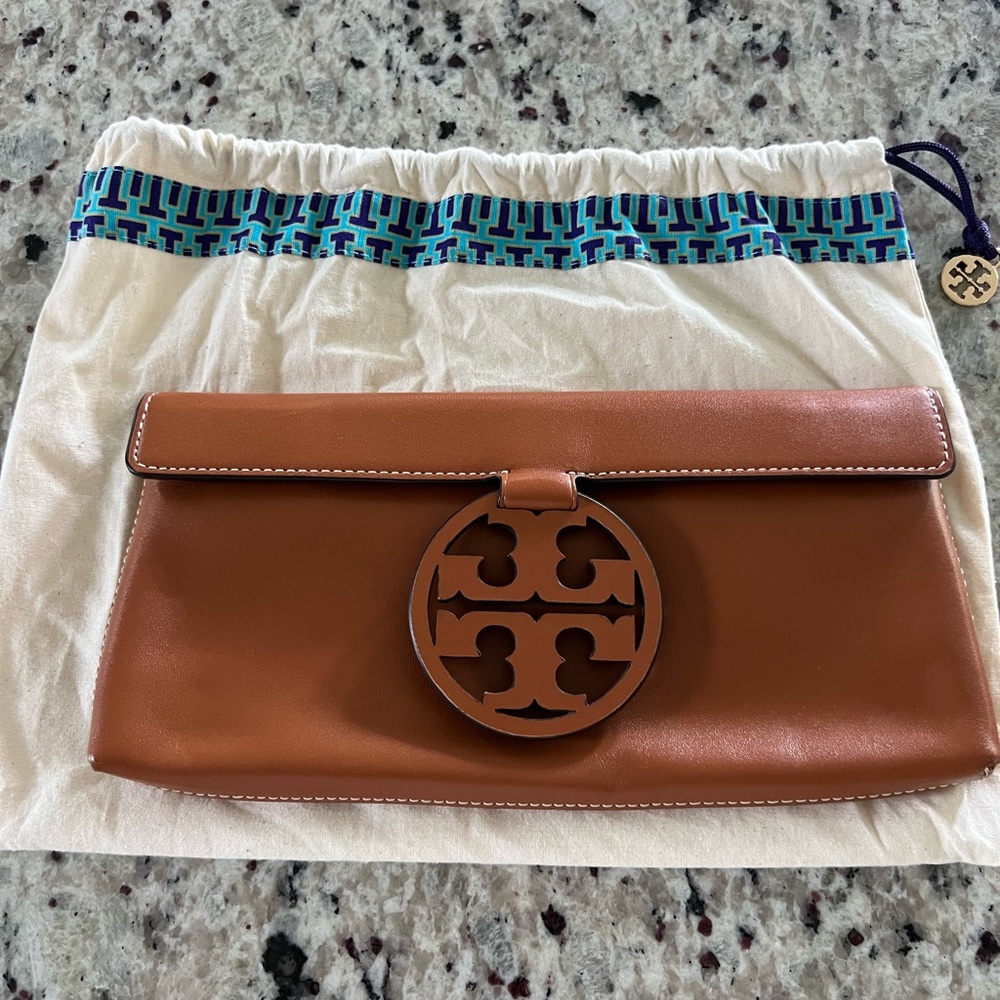 Tory Burch Tan Clutch with Logo Accent